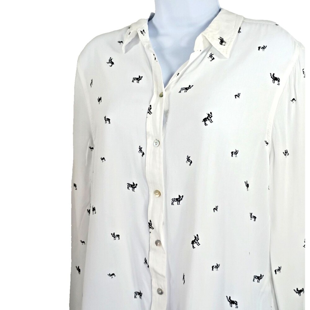 French Bull Dog Shirt Size L Buttons  Long Sleeve Rayon Black White